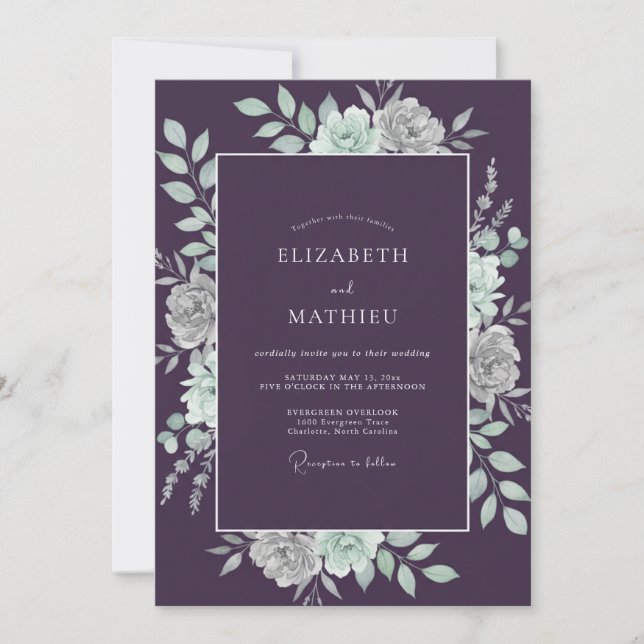 Eggplant Sage Rose Wedding Invitation (Front)