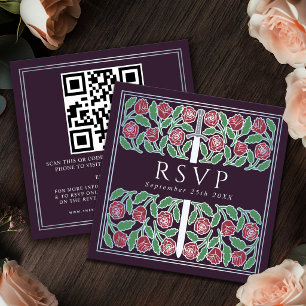Eggplant Silver Floral Royal Wedding RSVP QR Code Enclosure Card