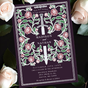 Eggplant Silver Sword Medieval Fantasy Wedding  Foil Invitation