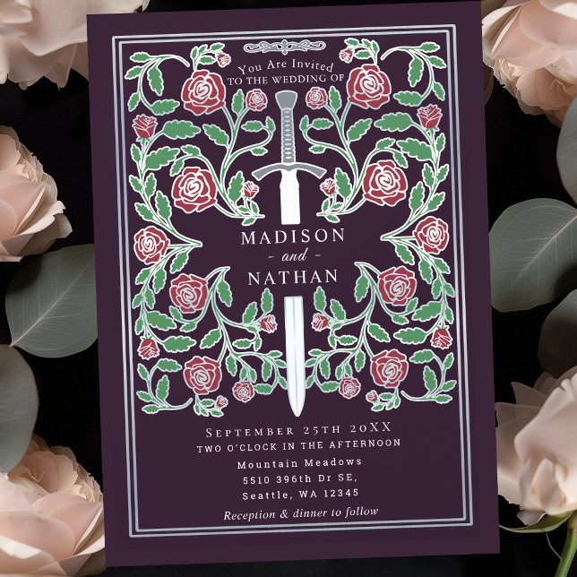Eggplant Silver Sword Medieval Fantasy Wedding Invitation (Creator Uploaded)