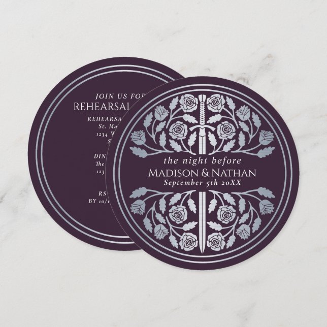 Eggplant Silver Sword Wedding Rehearsal Invitation (Front/Back)