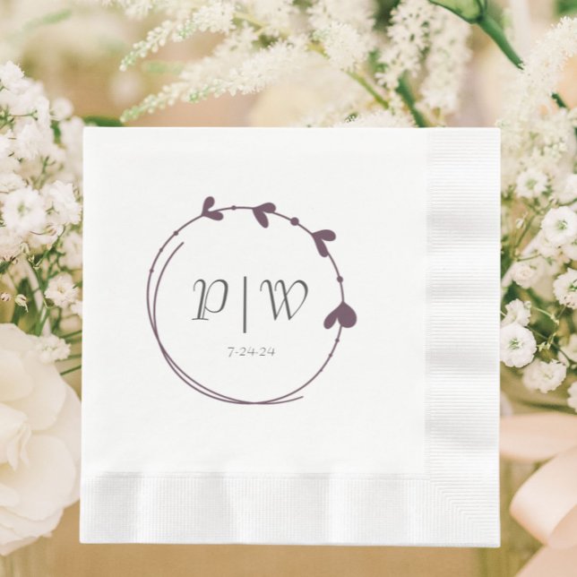 Eggplant Simple Heart Wreath Monogram Wedding Napkins (In Situ Wedding)