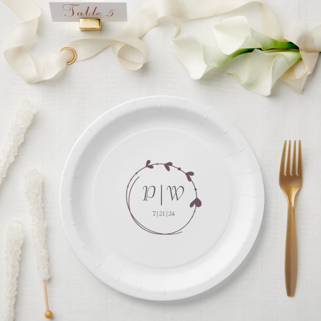 Eggplant Simple Heart Wreath Monogram Wedding Paper Plates (Wedding)