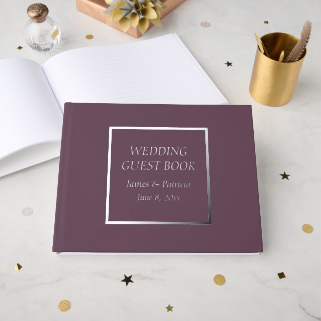 Eggplant Simple Stylized Lettering Wedding Foil Guest Book (Front Open)