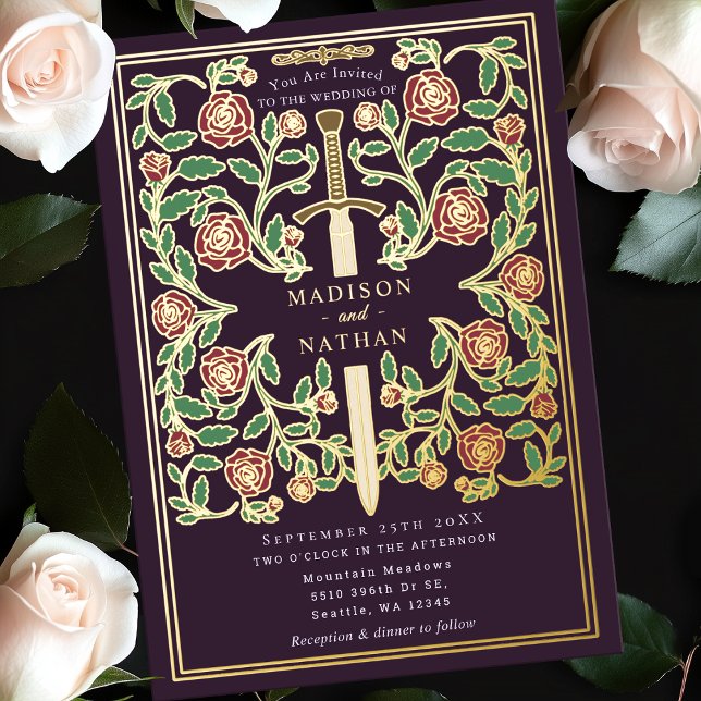 Eggplant Sword Floral Medieval Fantasy Wedding  Foil Invitation (Creator Uploaded)