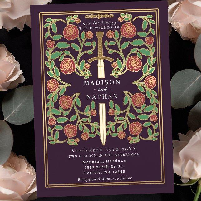 Eggplant Sword Floral Medieval Fantasy Wedding  Invitation (Creator Uploaded)