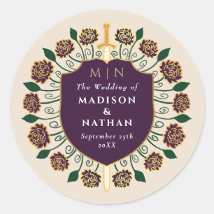 Eggplant Sword Shield Fantasy Monogram Wedding Classic Round Sticker