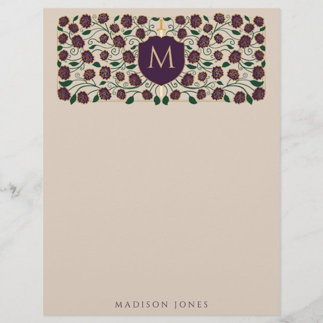 Eggplant Sword & Shield Medieval Fantasy Monogram Letterhead (Front)