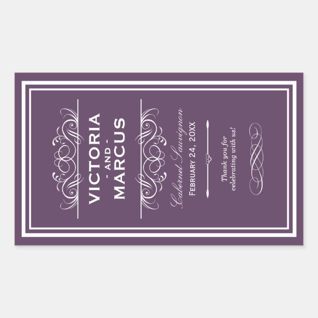 Eggplant Wedding Wine Bottle Monogram Favor Rectangular Sticker (Front)