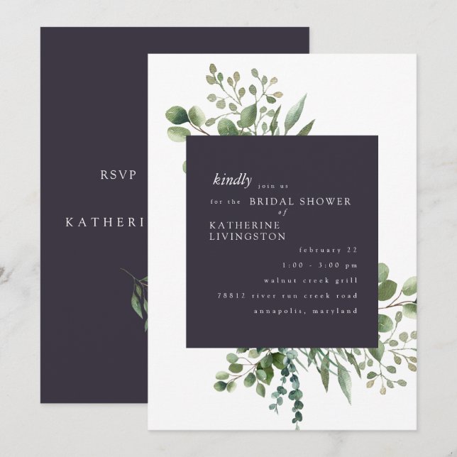 Eggplant & White Foliage Bridal Shower Invitation (Front/Back)