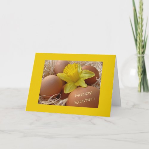 Eggs and daffodil easter greeting holiday card