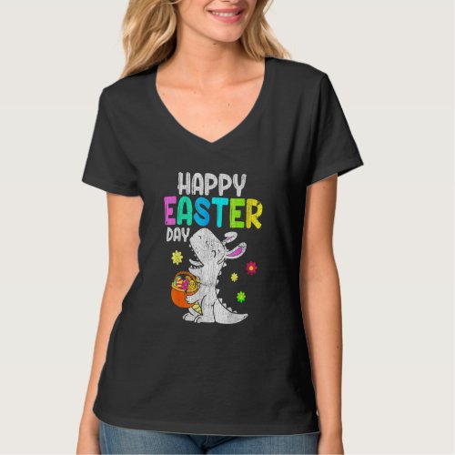 Eggs Basket Bunny Rex Dinosaur Happy Easter Day T_Shirt