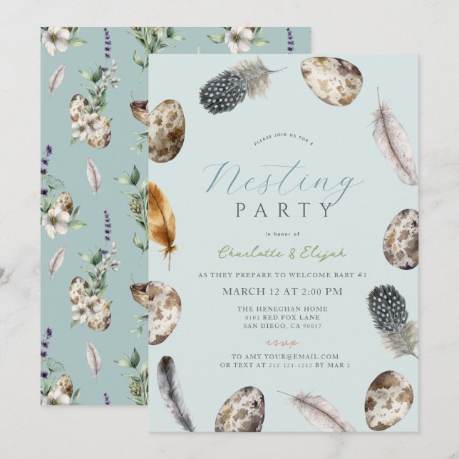 Eggs & Feathers Blue Nesting Party Baby Shower Invitation (Front/Back)