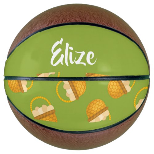 Eggs in brown basket on green basketball