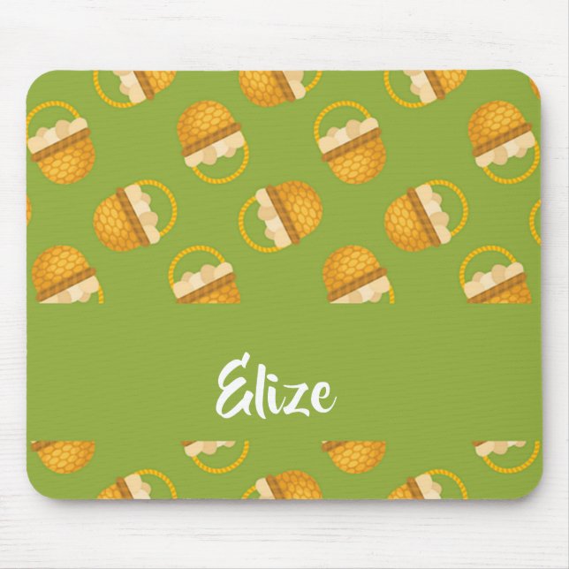 Eggs in brown basket on green mouse pad (Front)