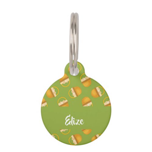 Eggs in brown basket on green pet ID tag