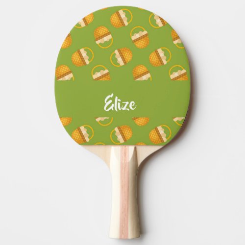 Eggs in brown basket on green ping pong paddle