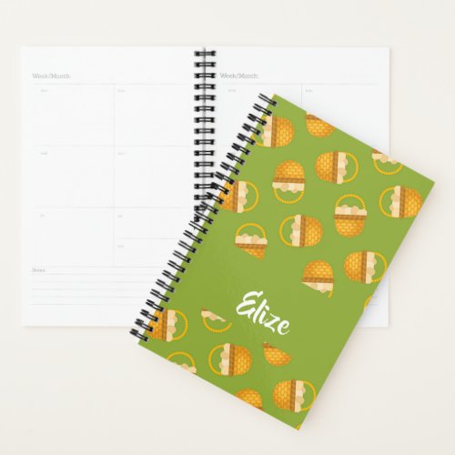 Eggs in brown basket on green planner