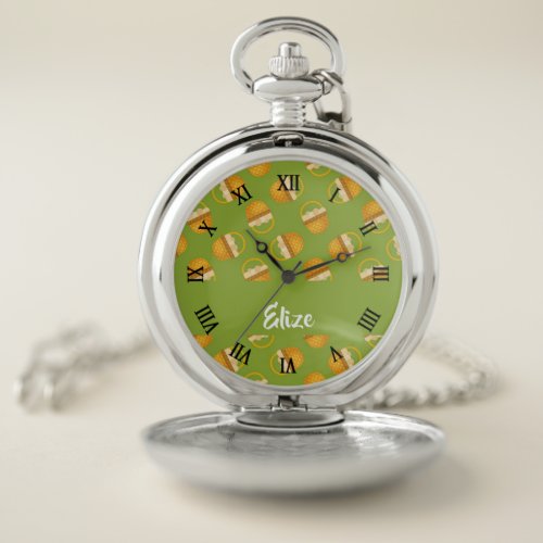 Eggs in brown basket on green pocket watch