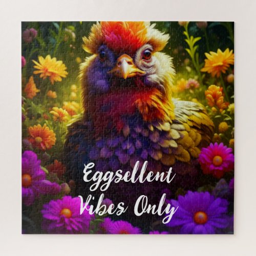 Eggsellent Vibes Only  Colorful Chicken Art Jigsaw Puzzle