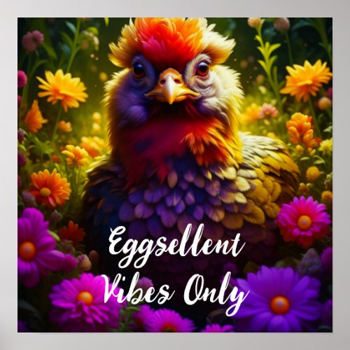 Eggsellent Vibes Only  Colorful Chicken Art Poster