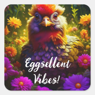 Eggsellent Vibes! Pretty Colorful Chicken Art Square Sticker
