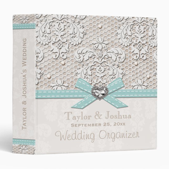 Eggshell Blue Antique Lace Pearls Wedding Planner Binder (Front/Spine)