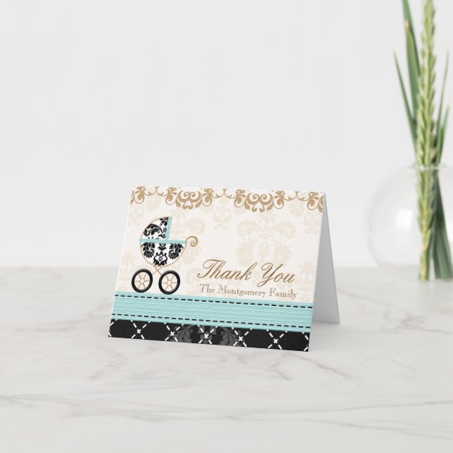 Eggshell Blue Damas Baby Carriage Shower Thank You Card (Front)