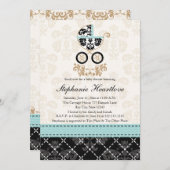 Eggshell Blue Damask Baby Carriage Baby Shower Invitation (Front/Back)
