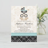 Eggshell Blue Damask Baby Carriage Baby Shower Invitation (Standing Front)