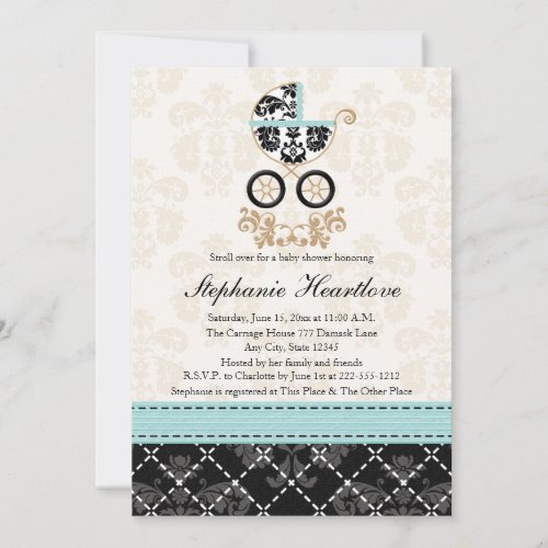 Eggshell Blue Damask Baby Carriage Baby Shower Invitation