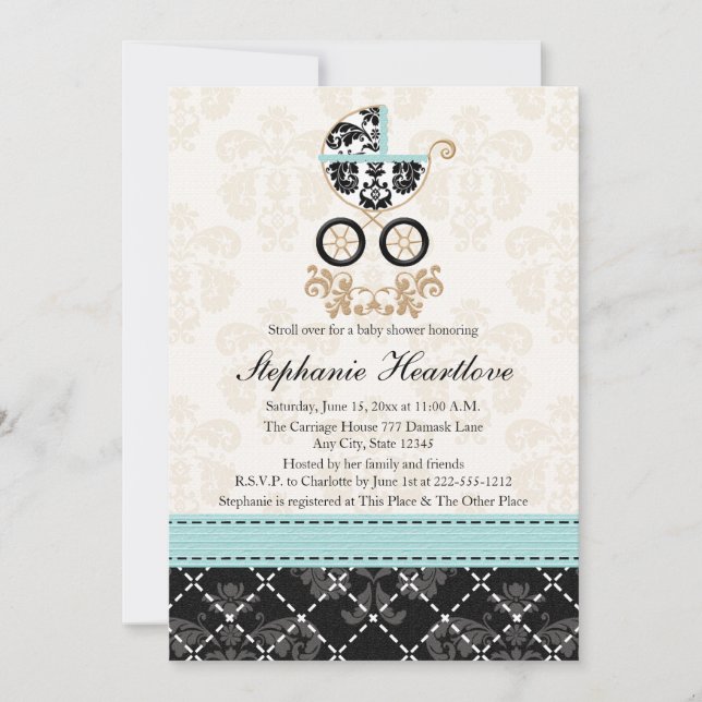 Eggshell Blue Damask Baby Carriage Baby Shower Invitation (Front)