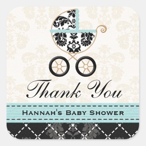 Eggshell Blue Damask Baby Carriage Thank You Square Sticker