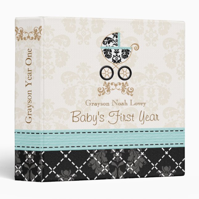 Eggshell Blue Damask Carriage Baby Photo Album Binder (Front/Spine)