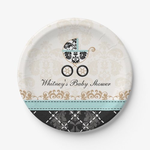 Eggshell Blue Damask Carriage Baby Shower Paper Plates