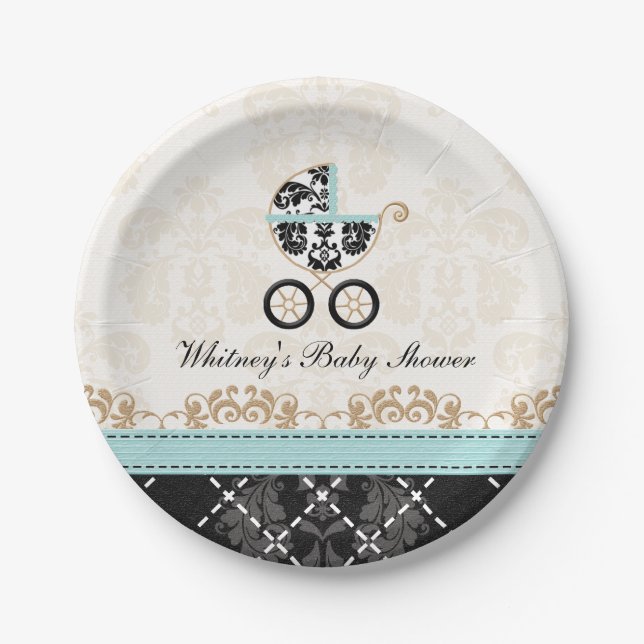 Eggshell Blue Damask Carriage Baby Shower Paper Plates (Front)