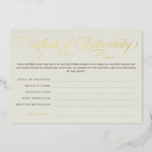 Eggshell Gold Swirls Certificate of Authenticity Foil Invitation