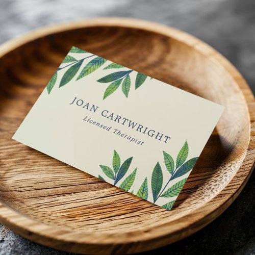 Eggshell Green Leaves Light Blue Therapist Business Card