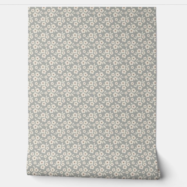 Eggshell White And Gray Floral Pattern Wallpaper (Unrolling)