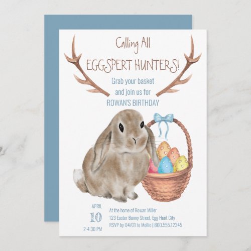 Eggspert Hunters Easter Bunny and Eggs Birthday Invitation