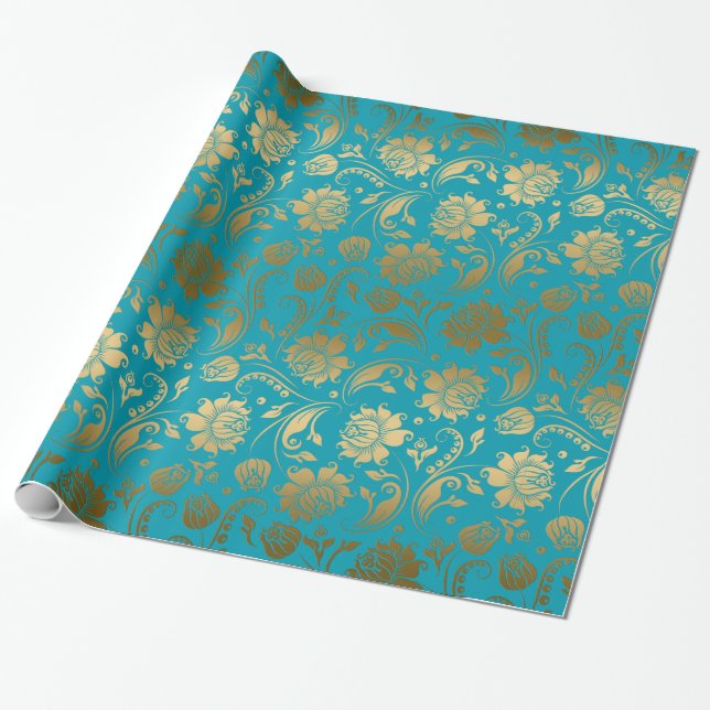 EGold & Turquoise Blue Floral Pattern Wrapping Paper (Unrolled)