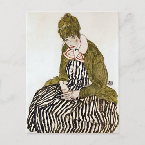 Egon Schiele Edith with Striped Dress Sitting Postcard