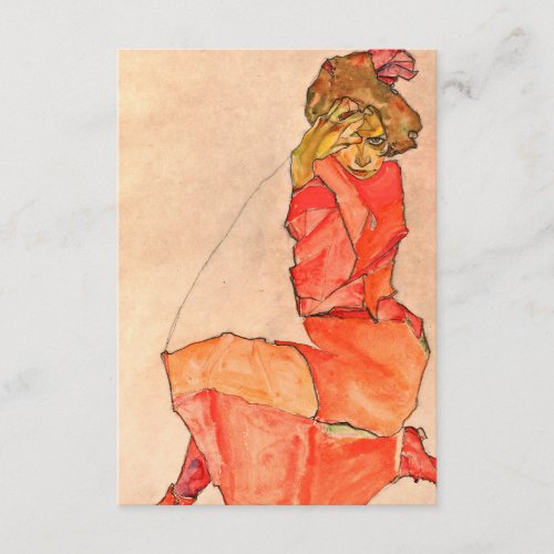 Egon Schiele _ Kneeling Female In Orange Red Dress Enclosure Card