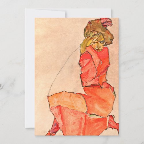 Egon Schiele _ Kneeling Female In Orange Red Dress Invitation