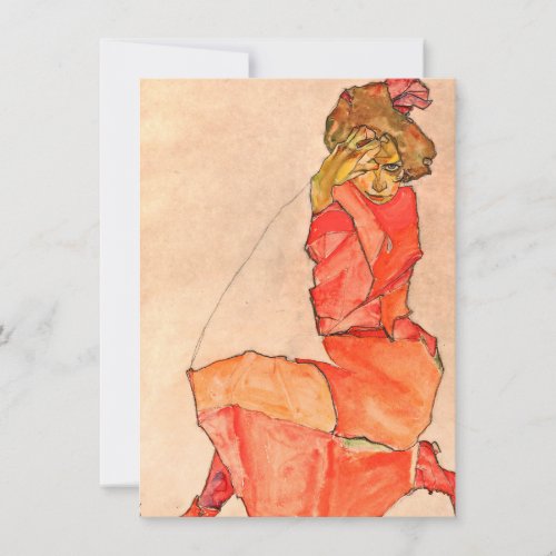 Egon Schiele _ Kneeling Female In Orange Red Dress Invitation