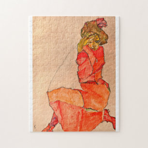 Egon Schiele - Kneeling Female In Orange Red Dress Jigsaw Puzzle