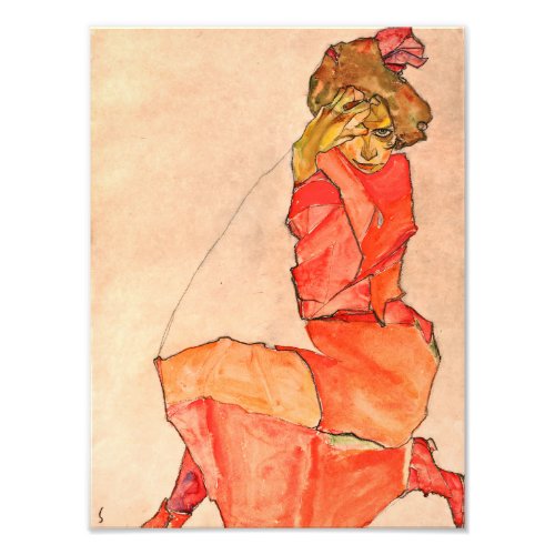 Egon Schiele _ Kneeling Female In Orange Red Dress Photo Print