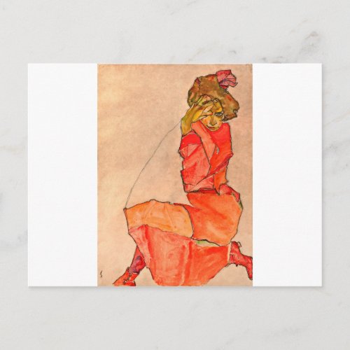 Egon Schiele _ Kneeling Female In Orange Red Dress Postcard