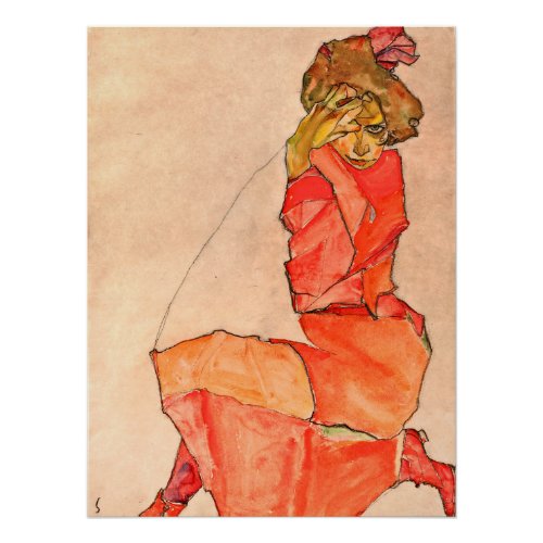 Egon Schiele _ Kneeling Female In Orange Red Dress Poster