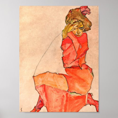 Egon Schiele _ Kneeling Female In Orange Red Dress Poster